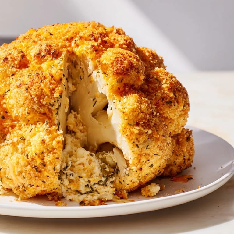 Close-up of Cheesy Stuffed Cauliflower Head showing creamy filling oozing from tender florets, garnished with smoked paprika and breadcrumbs.  