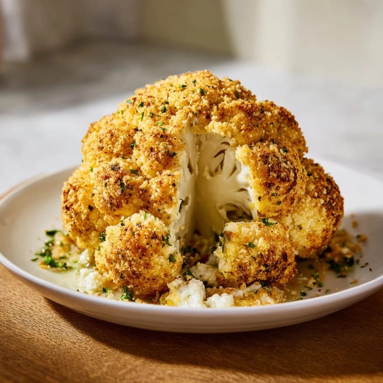 Sliced wedge of Cheesy Stuffed Cauliflower Head revealing the rich cheese mixture, plated beside a crisp green salad for a complete meal.
