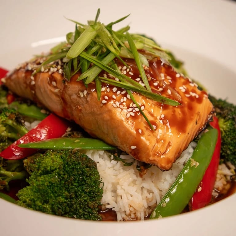 Savory and sweet Maple Soy Glazed Salmon served with bell peppers and sesame seeds on a dinner plate.