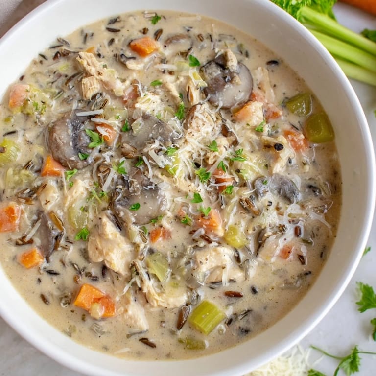 Hearty Parmesan Mushroom Chicken and Wild Rice Soup served with crusty bread, perfect for a cozy dinner.
