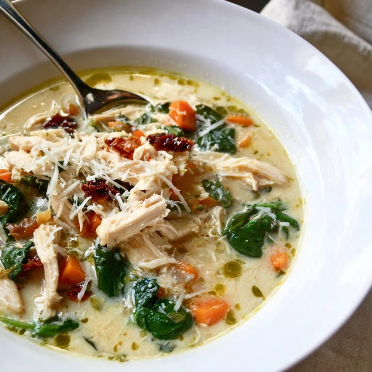 A pot of simmering Creamy Tuscan Chicken Soup ready to serve, garnished with herbs and a side of crusty bread.