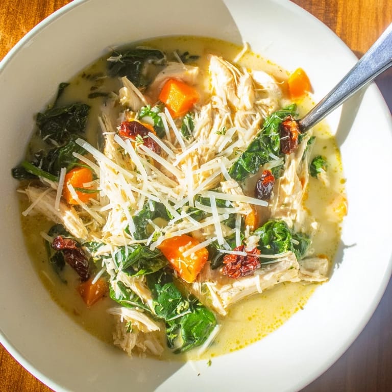 Spoonful of homemade Creamy Tuscan Chicken Soup revealing tender shredded chicken and vibrant spinach leaves in a creamy broth.  