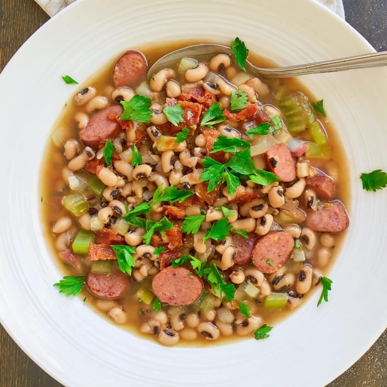 A comforting bowl of Southern-Style Black-Eyed Peas, rich with spices and bacon.