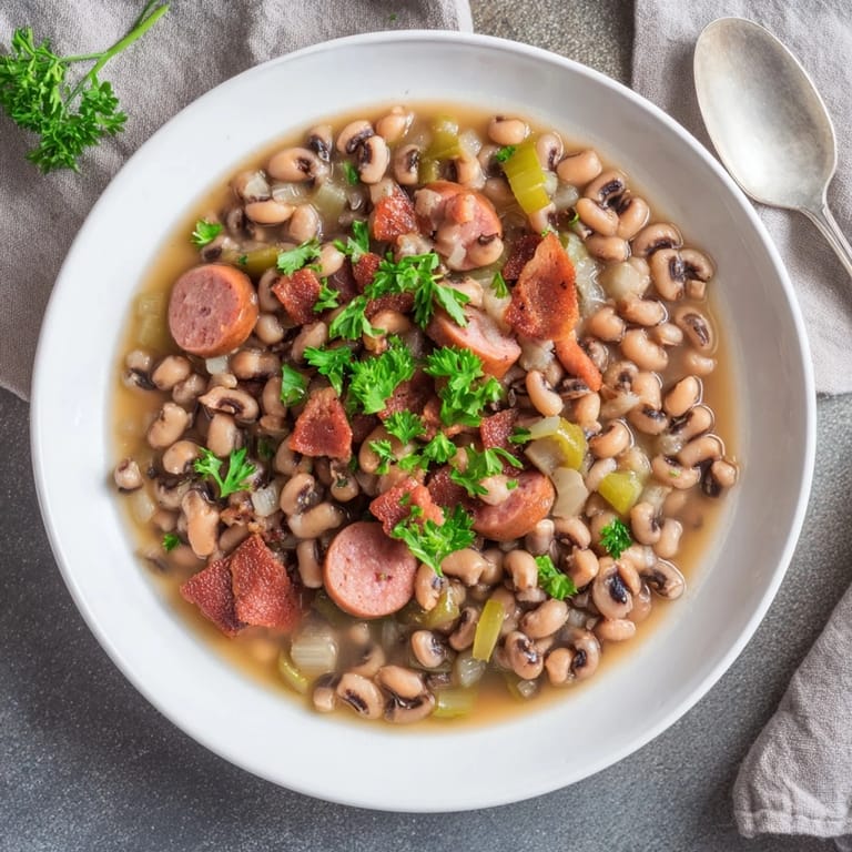 Velvety Southern-Style Black-Eyed Peas, garnished with fresh parsley, ready to serve.