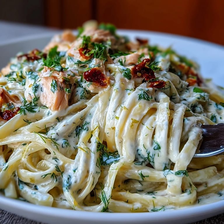 A skillet of silky creamy salmon pasta steams on a wooden table, ready for a quick weeknight dinner for four.  
