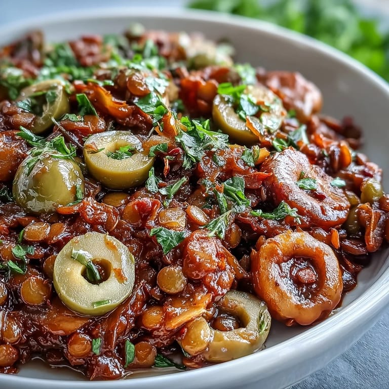 Spoon a generous helping of warm Cuban-Inspired Lentil Picadillo onto a plate, garnished with fresh green cilantro and colorful bell peppers. Perfect for a savory-sweet plant-based meal.