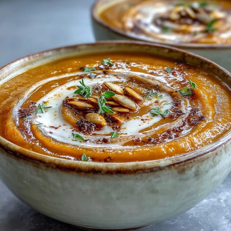 A steaming mug of Easy Roasted Butternut Squash Soup with a swirl of cream, alongside crusty bread for dipping.