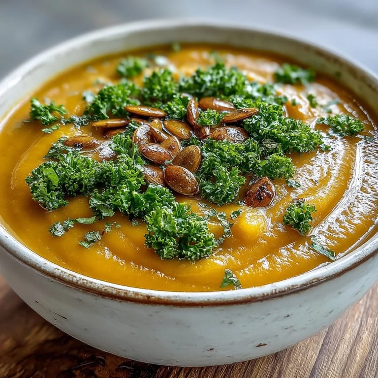 Creamy Roasted Broccoli and Butternut Squash Soup served in a rustic bowl topped with pumpkin seeds. 