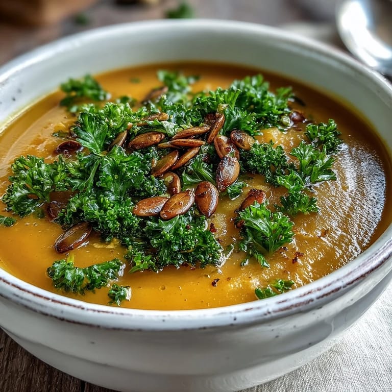 Vibrant orange and green puree of Roasted Broccoli and Butternut Squash Soup garnished with fresh parsley.