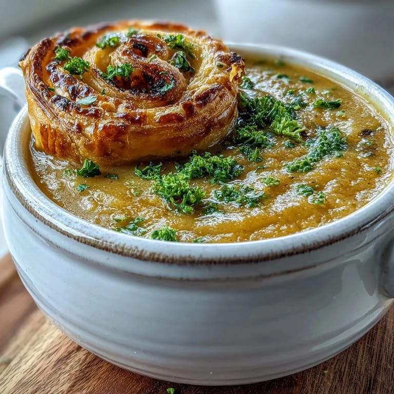 Homemade Creamy Broccoli and Butternut Squash Soup With Pastries garnished with thyme and a side of warm, cheesy puff pastry.