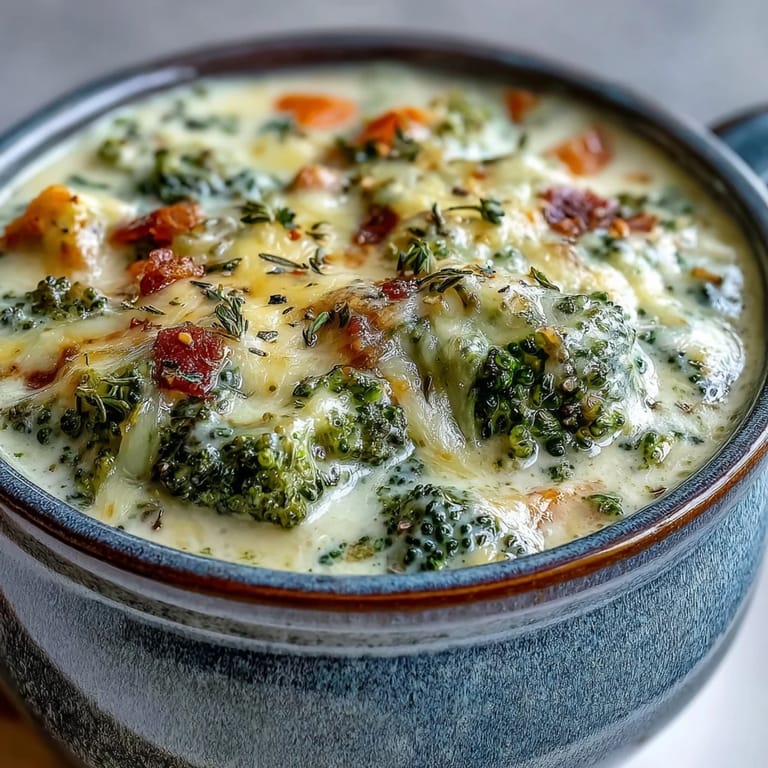 This Roasted Broccoli Cheddar Soup is garnished with extra cheese and a sprig of thyme alongside a warm crusty bread slice.