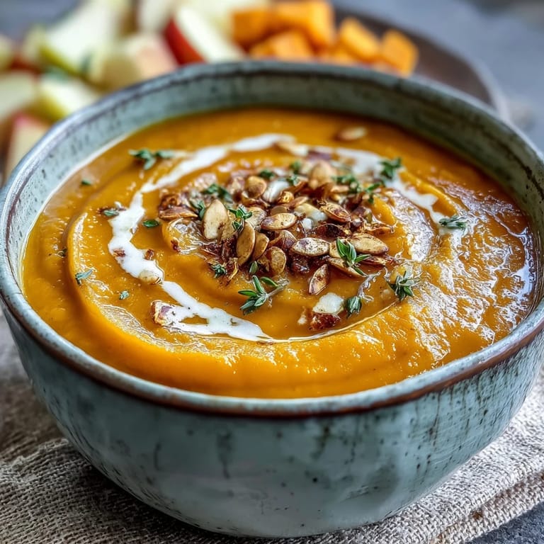 A food processor blends the smooth Butternut Squash and Apple Soup, showing a pot of golden puree on the stove.