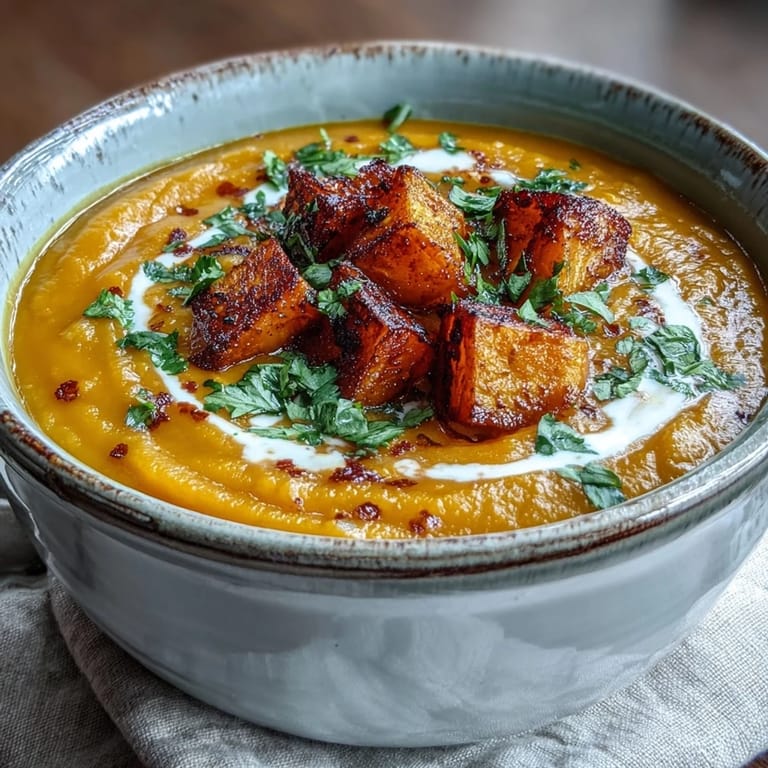Golden roasted butternut squash and simmered lentils create a velvety orange soup, served with a slice of crusty bread.