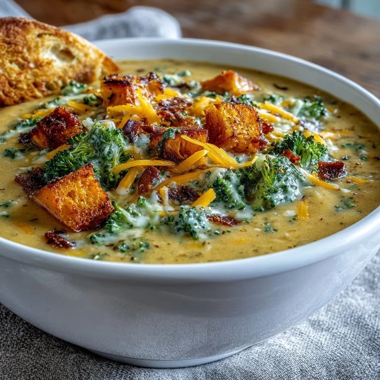 Golden roasted broccoli and butternut squash simmer in a pot before being blended into creamy Butternut Squash Broccoli Cheddar Soup.