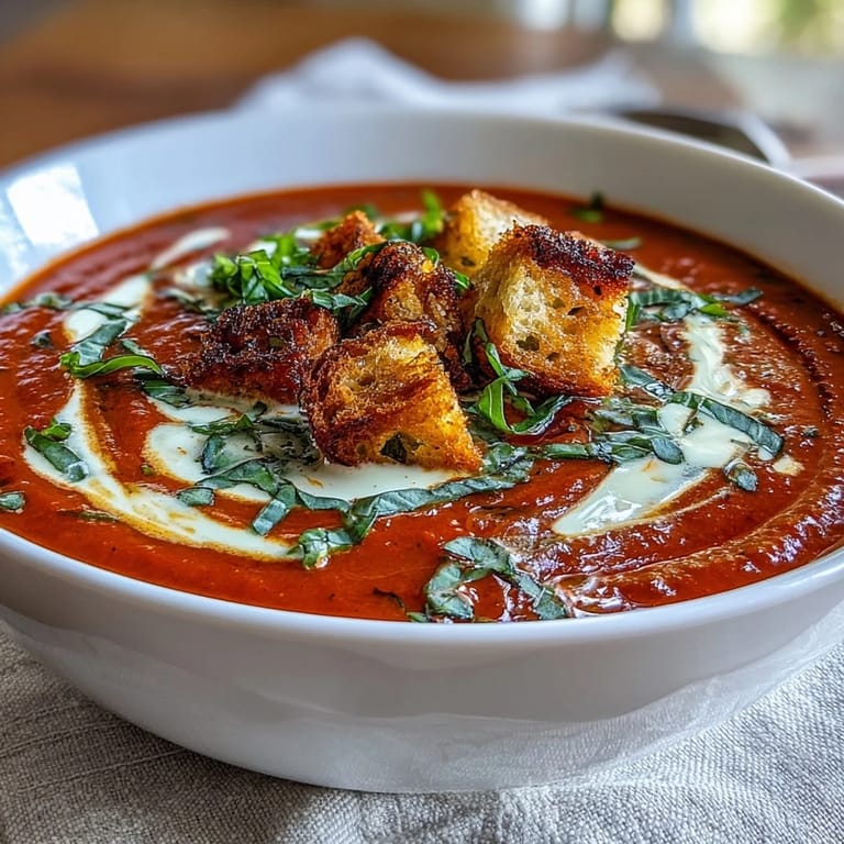 Warm roasted tomato basil soup served with crunchy croutons and fresh basil leaves on a wooden table.