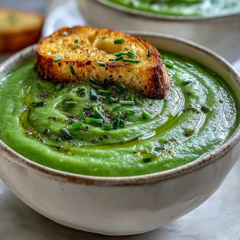Steaming bowl of Cream of Broccoli Soup, ready to serve alongside crusty bread.