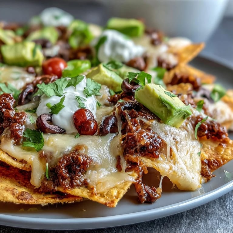 Freshly baked Baked Nachos loaded with seasoned ground beef, black beans, and juicy cherry tomatoes, ready to share.