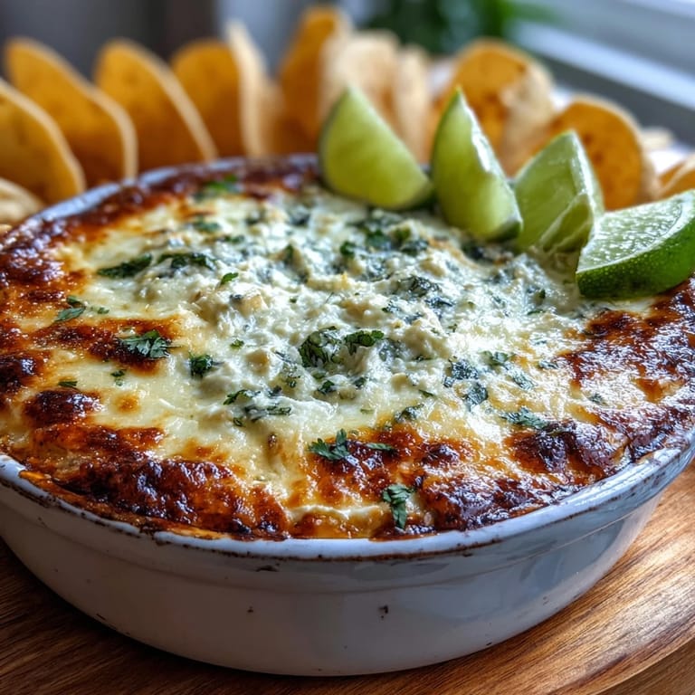 This golden-baked Cilantro and Lime Chicken With Scoops dip showcases creamy cheese and jalapeño specks alongside a pile of crisp tortilla scoops.