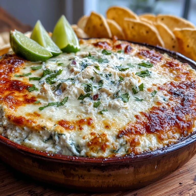 Fresh cilantro garnishes a bubbly Cilantro and Lime Chicken With Scoops dip, with lime wedges and tortilla scoops waiting on a rustic table.