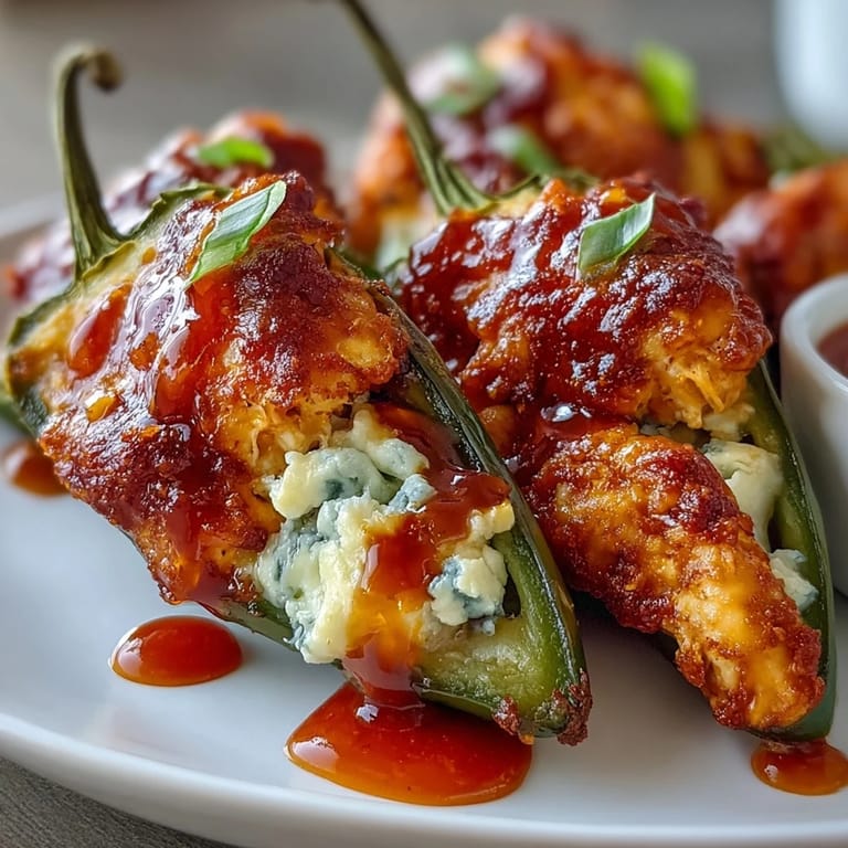 A close-up of a Buffalo Wing Popper being pulled apart, revealing savory shredded chicken and tangy buffalo sauce, served with celery sticks for dipping.