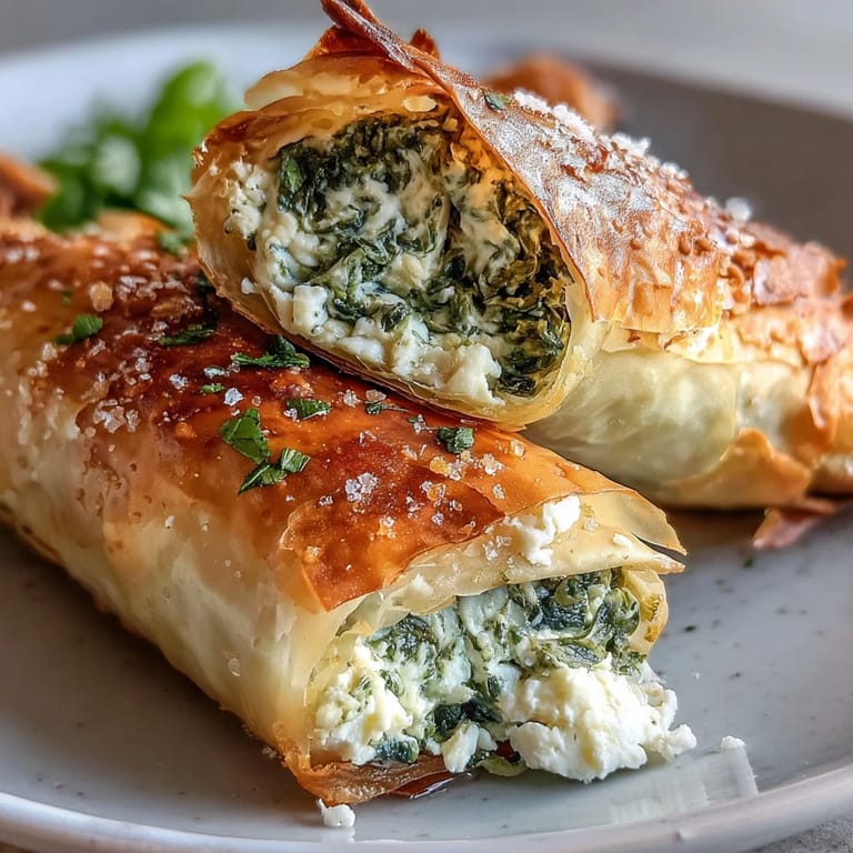 Stack of warm Spanakopita Spring Rolls served with lemon wedges for zest.