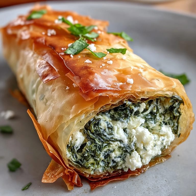 Fresh spinach and feta filling peeking from a crispy Spanakopita Spring Roll.