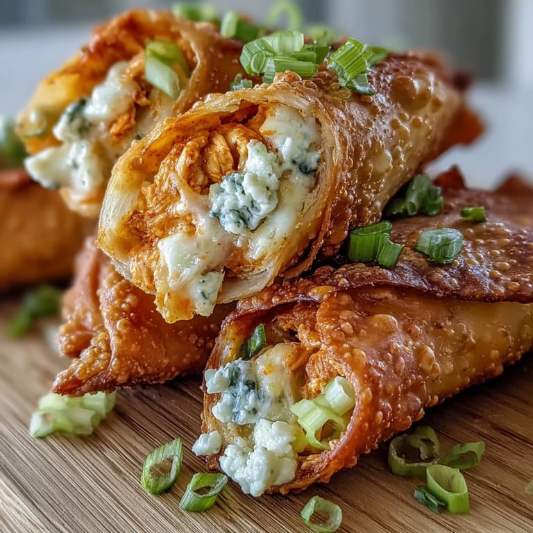 Freshly prepared Buffalo Chicken Egg Rolls, filled with spicy chicken and melty cheese, arranged on a plate.