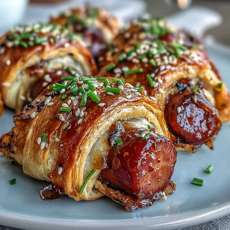 Appetizer tray of Pepper Jelly Hogs in a Blanket garnished with fresh chives and sesame seeds.