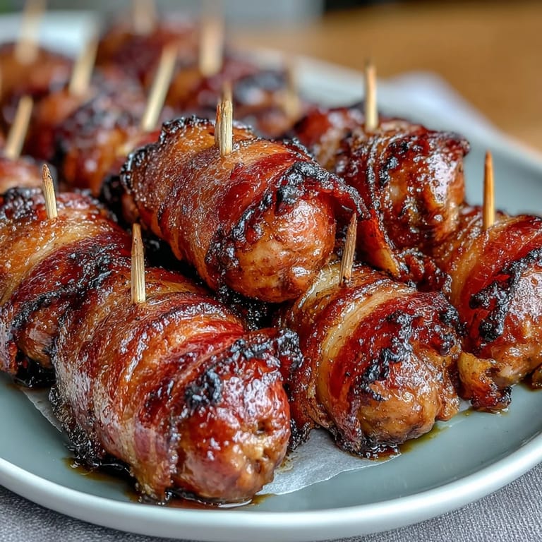 Party platter of Bacon-Wrapped Smokies served warm with toothpicks, a crowd-pleasing American appetizer for game day.