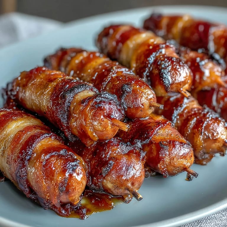 Savory Bacon-Wrapped Smokies on a parchment-lined tray, baked until the bacon is crispy and the glaze bubbles.