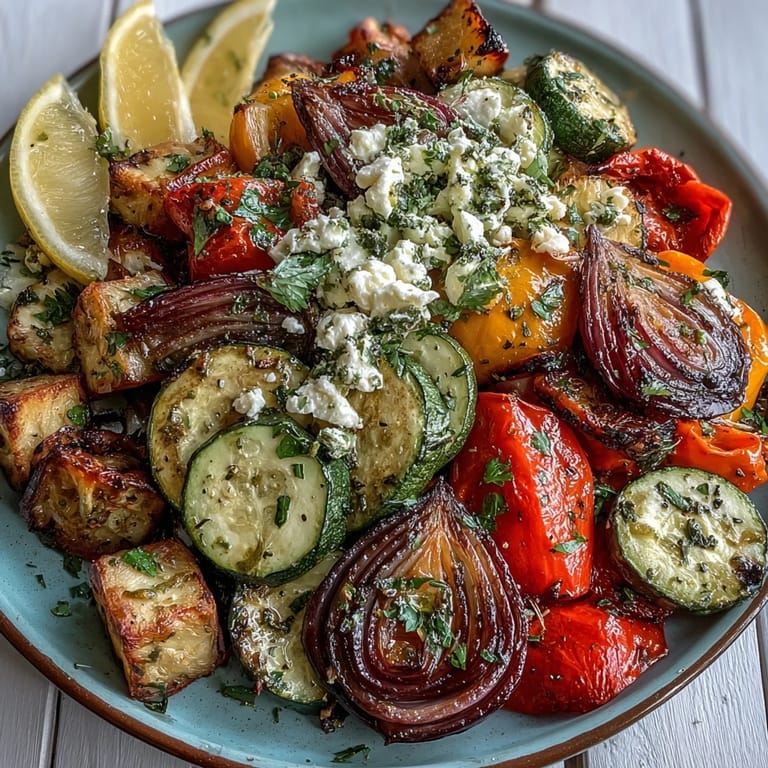 Golden eggplant, zucchini, and peppers in roasted Mediterranean Greek vegetables, finished with lemon and parsley, ready for pita.