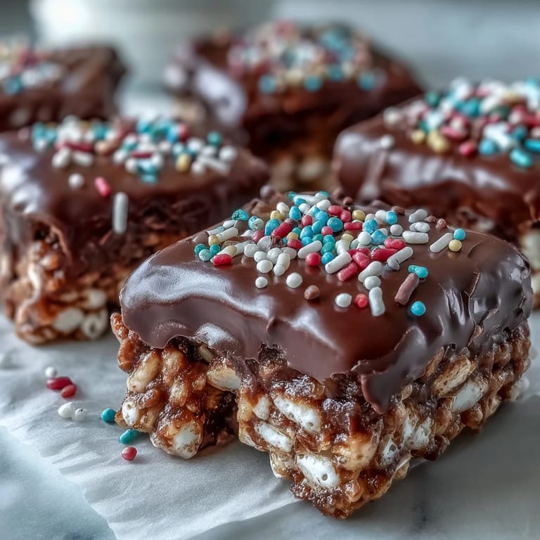 Slice of Chocolate Covered Rice Krispy Treats reveals a gooey marshmallow interior with crispy cereal bits under melted chocolate.