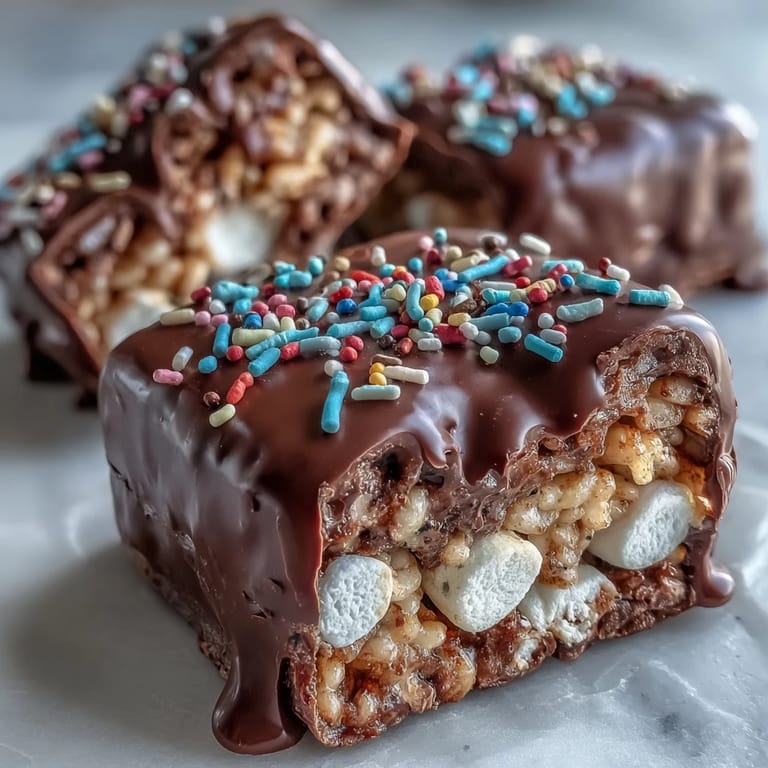 Festive Chocolate Covered Rice Krispy Treats bars stacked on a white plate with a glass of milk, ready for sharing.