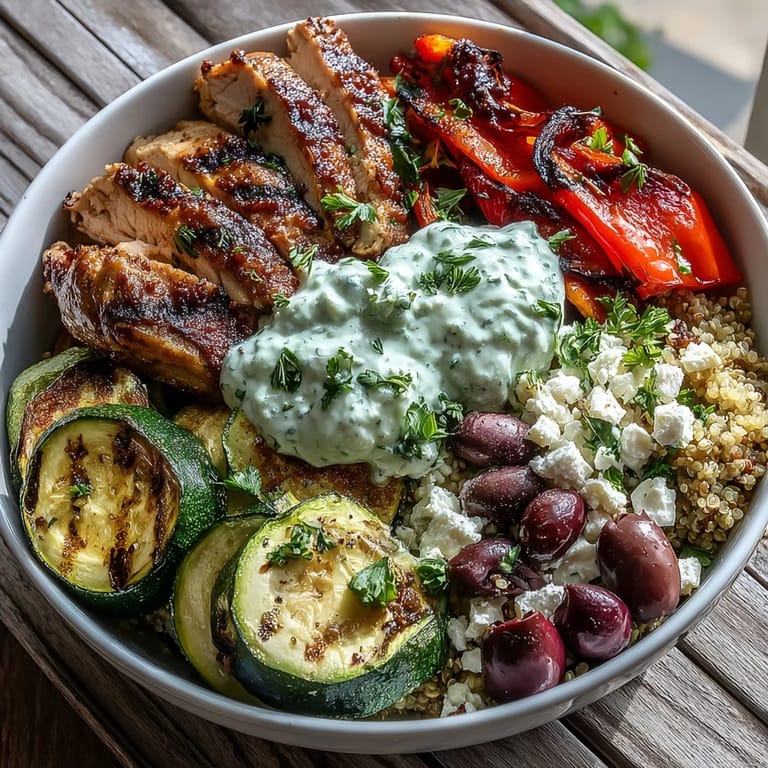 Warm Healthy Grilled Mediterranean Bowl featuring grilled halloumi, quinoa, and kalamata olives.