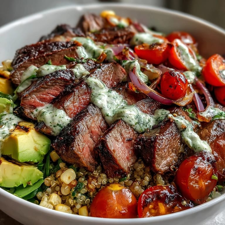 Colorful ingredients including steak, avocado, and roasted corn are arranged over fluffy rice, finished with a generous pour of zesty cilantro sauce.