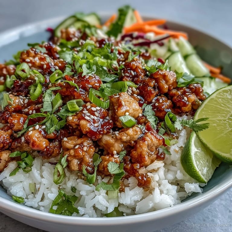 Ready in under 40 minutes, these easy Asian-inspired ground turkey rice bowls are topped with a tangy bang bang sauce, fresh cilantro, and lime wedges for serving.