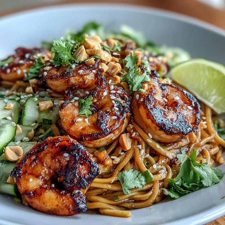 Sizzling grilled shrimp rest on sesame noodles with cucumber, bean sprouts, and avocado for an Asian noodle bowl.
