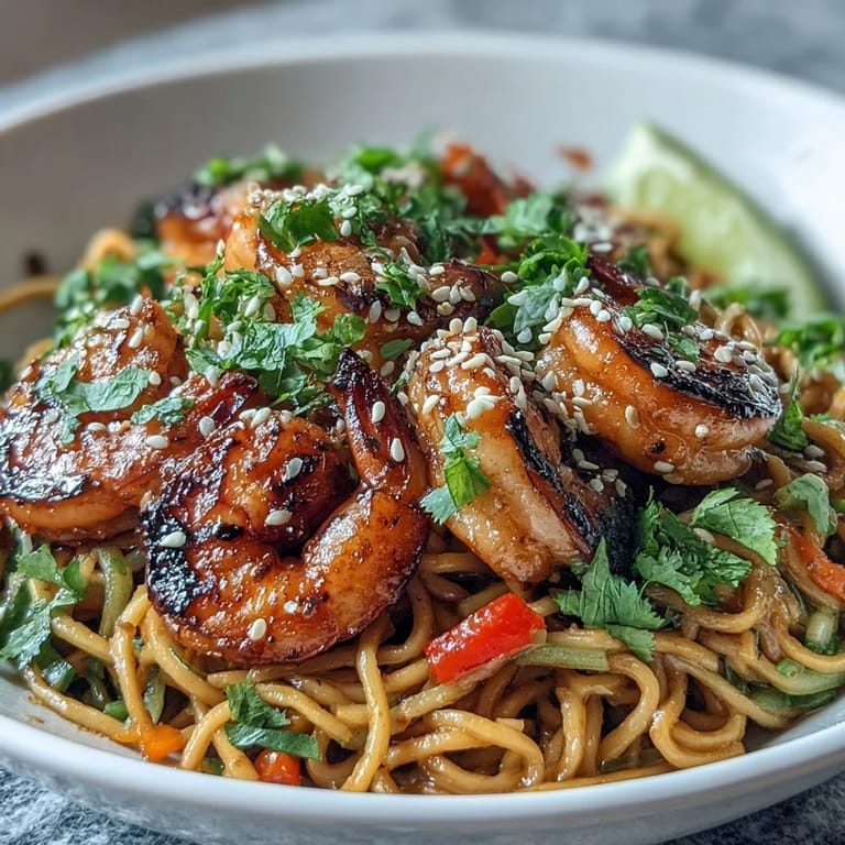 Freshly grilled shrimp over sesame noodles for the 15-Minute Asian Noodle Bowl, garnished with cilantro and lime.