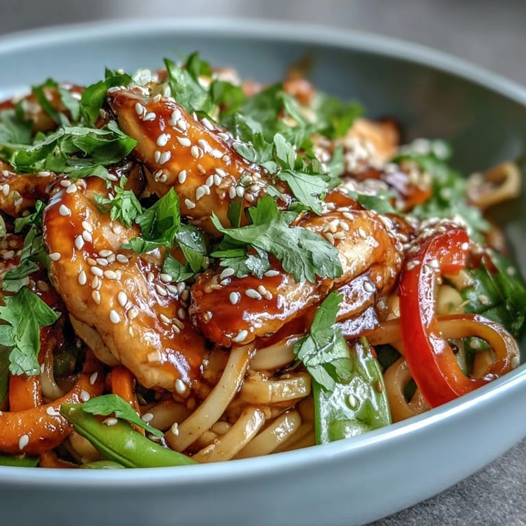 Vibrant sesame chicken noodle bowl with snap peas and spring onions, drizzled with sweet-savory ginger sauce for a quick weeknight meal.