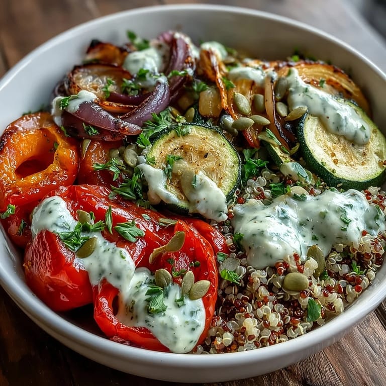 Healthy Roasted Vegetable Quinoa Bowl with fluffy quinoa and tender roasted veggies, served with a luscious tahini lemon sauce.