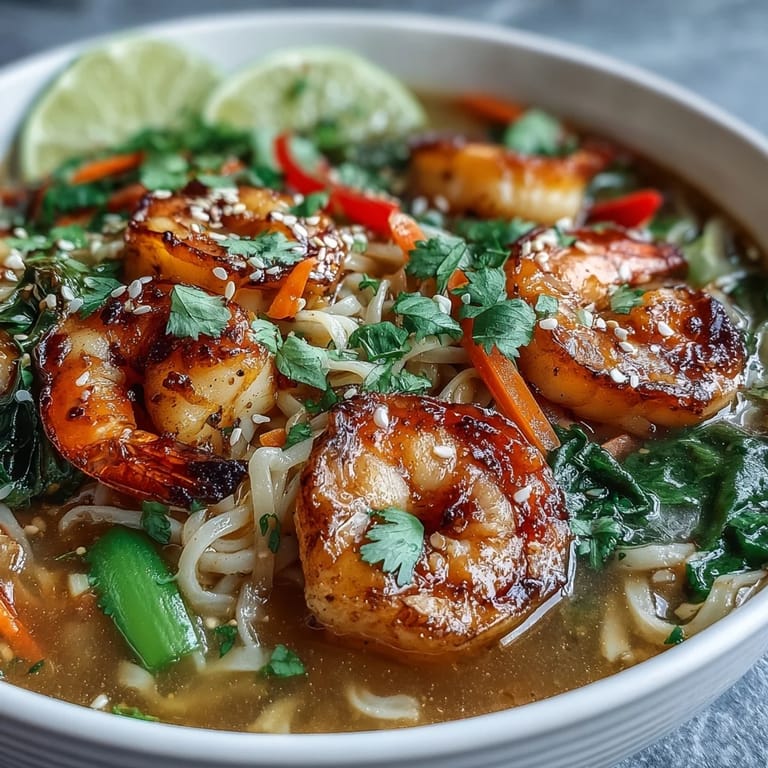 Vibrant Asian Noodle Bowl with Shrimp and Scallops featuring bok choy, carrots, and sesame seeds in a savory broth.