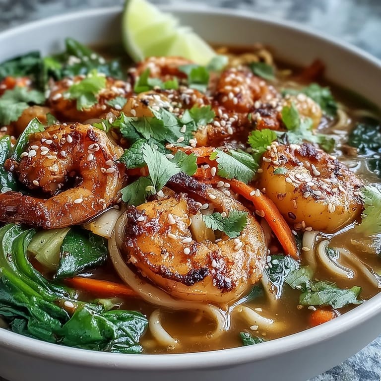 Close-up of Asian Noodle Bowl with Shrimp and Scallops showing tender seafood, crisp vegetables, and silky noodles ready to serve.