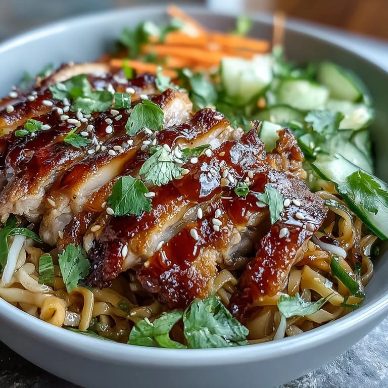 Asian Chicken Noodle Bowl topped with cilantro and lime wedges, ready to serve.