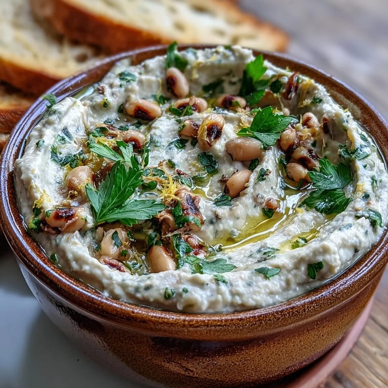 A hearty bowl of Smashed Black-Eyed Peas featuring tender legumes and minced garlic for a savory side.
