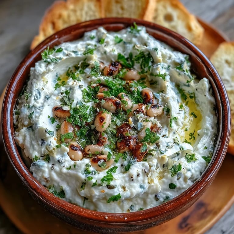 Bright Smashed Black-Eyed Peas garnished with lemon zest and chopped parsley, perfect for dipping with pita chips.