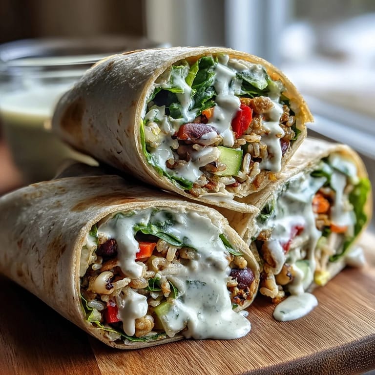 Freshly rolled Black-Eyed Pea Wraps displayed on a platter with extra veggies and a small bowl of tahini sauce for dipping.