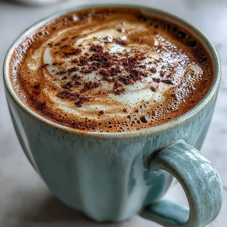 Steaming hot hojicha latte with frothy milk foam, served alongside a bamboo whisk for an authentic Japanese tea experience.