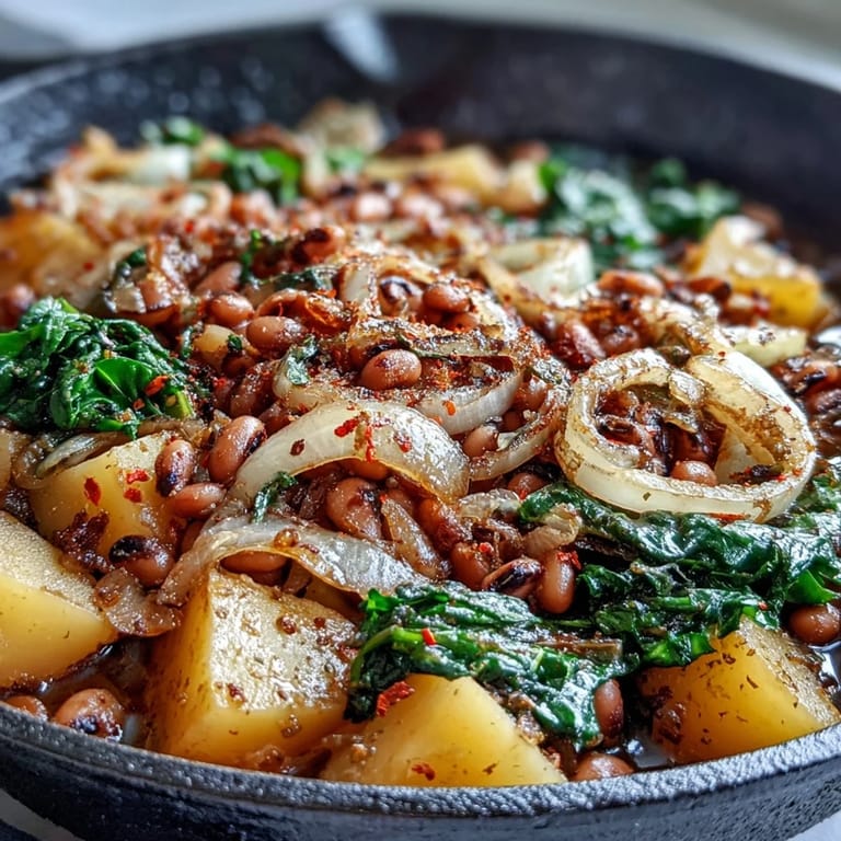 Close-up of a savory Black-Eyed Pea Skillet Dinner with golden potatoes, wilted greens, and smoky paprika spices.