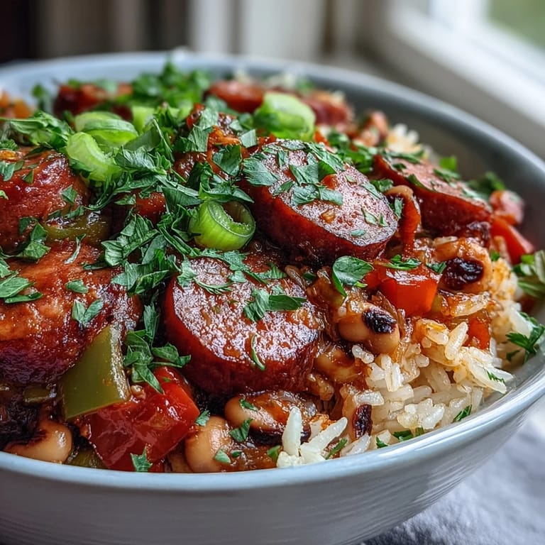 A hearty, steaming pot of Black-Eyed Pea Jambalaya with tender vegetables and sausage, ready to be served for a family dinner.