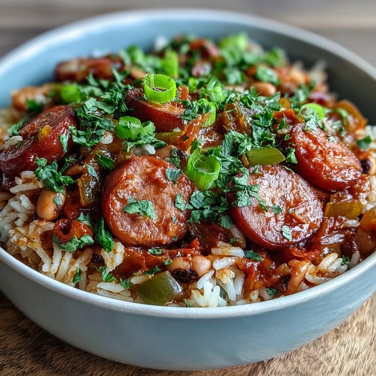 Plated Black-Eyed Pea Jambalaya with a scoop of seasoned rice, smoked sausage slices, and black-eyed peas, perfect for a Southern meal.